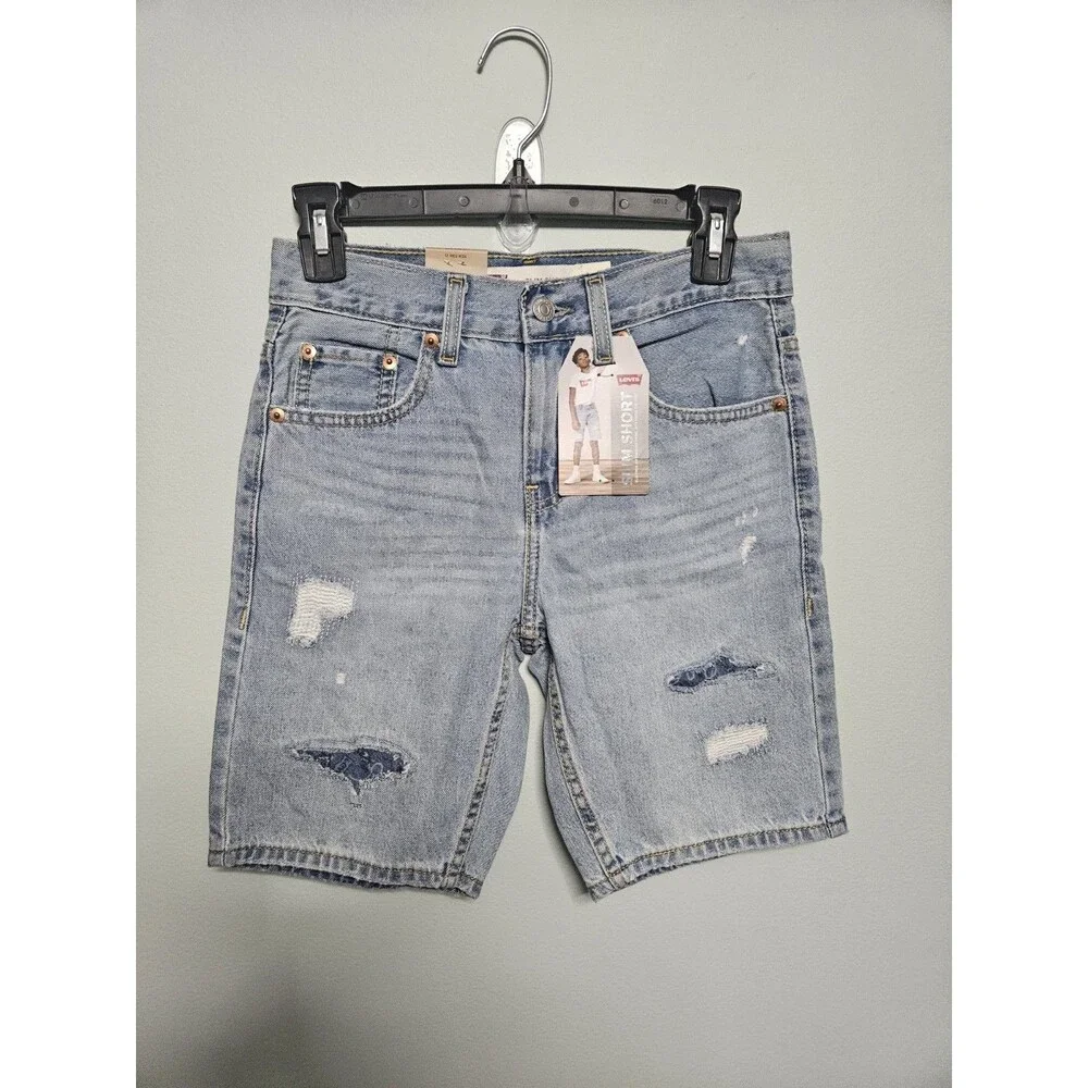 LEVIS BOYS SLIM DENIM SHORTS 100% COTTON DISTRESSED BLUE SIZE 12 SLIM W26